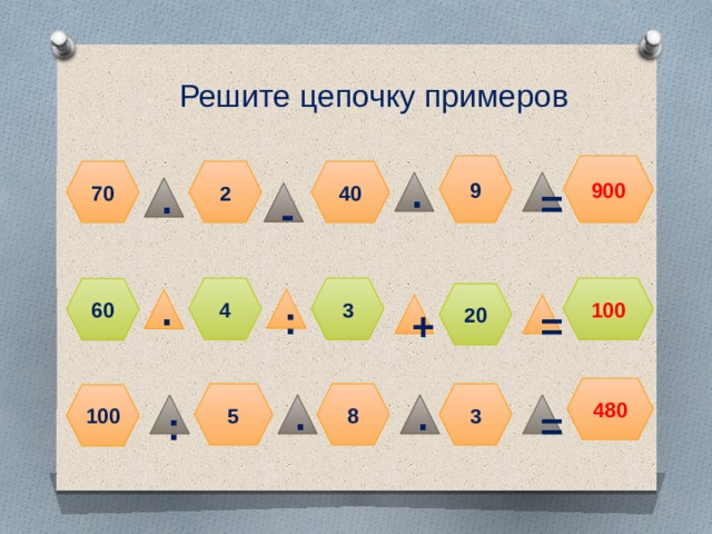 Решите цепочку примеров 9 900 2 70 40 ∙ = ∙ - 4 3 100 60 20 : ∙ = + 480 5 8 3 100 ∙ ∙ : = 