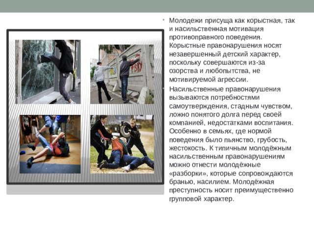 Молодежи присуща как корыстная, так и насильственная мотивация противоправного поведения. Корыстные правонарушения носят незавершенный детский характер, поскольку совершаются из-за озорства и любопытства, не мотивируемой агрессии. Насильственные правонарушения вызываются потребностями самоутверждения, стадным чувством, ложно понятого долга перед своей компанией, недостатками воспитания. Особенно в семьях, где нормой поведения было пьянство, грубость, жестокость. К типичным молодёжным насильственным правонарушениям можно отнести молодёжные «разборки», которые сопровождаются бранью, насилием. Молодёжная преступность носит преимущественно групповой характер. 