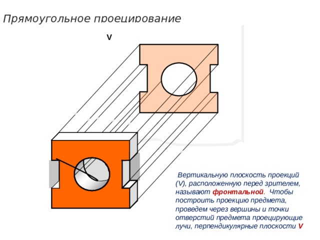 Прямоугольное проецирование V  Вертикальную плоскость проекций ( V ), расположенную перед зрителем, называют фронтальной . Чтобы построить проекцию предмета, проведем через вершины и точки отверстий предмета проецирующие лучи, перпендикулярные плоскости V 