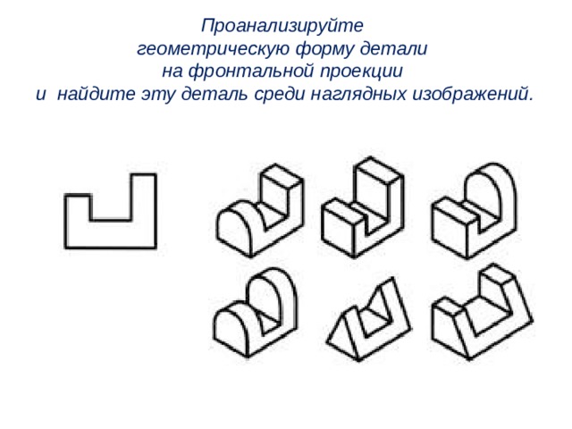 Проанализируйте геометрическую форму детали на фронтальной  проекции и  найдите эту деталь среди наглядных изображений.  