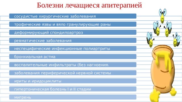 Болезни лечащиеся апитерапией сосудистые хирургические заболевания трофические язвы и вяло гранулирующие раны деформирующий спондилоартроз ревматические заболевания неспецифические инфекционные полиартриты бронхиальная астма воспалительные инфильтраты (без нагноения ) заболевания периферической нервной системы ириты и иридоциклиты гипертоническая болезнь I и II стадии мигрень 