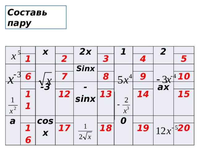 Составь пару 1 х 6 2 2х 11 3 7 a 1 Sinх -3 4 8 16 12 2 cosx -sinx 17 13 5 9 14 10 18 0 ax 15 19 20 