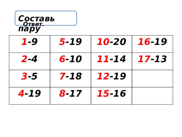    Ответ. Составь пару 1 -9 5 -19 2 -4 6 -10 3 -5 10 -20 4 -19 7 -18 11 -14 16 -19 17 -13 8 -17 12 -19 15 -16  