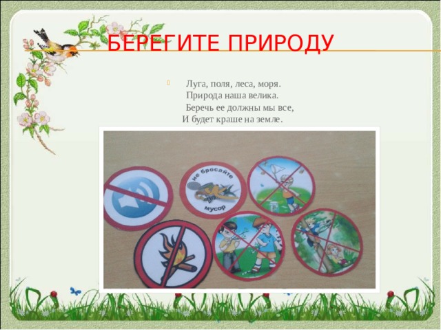 Берегите природу  Луга, поля, леса, моря.  Природа наша велика.  Беречь ее должны мы все,  И будет краше на земле. 