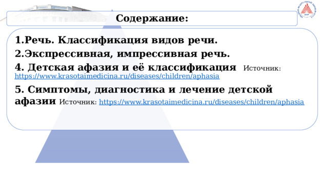 Содержание: 1.Речь. Классификация видов речи. 2.Экспрессивная, импрессивная речь. 4. Детская афазия и её классификация Источник:  https://www.krasotaimedicina.ru/diseases/children/aphasia 5. Симптомы, диагностика и лечение детской афазии Источник:  https://www.krasotaimedicina.ru/diseases/children/aphasia  