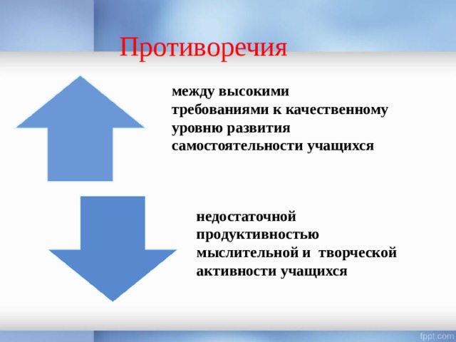 Противоречия между высокими требованиями к качественному уровню развития самостоятельности учащихся недостаточной продуктивностью мыслительной и творческой активности учащихся 