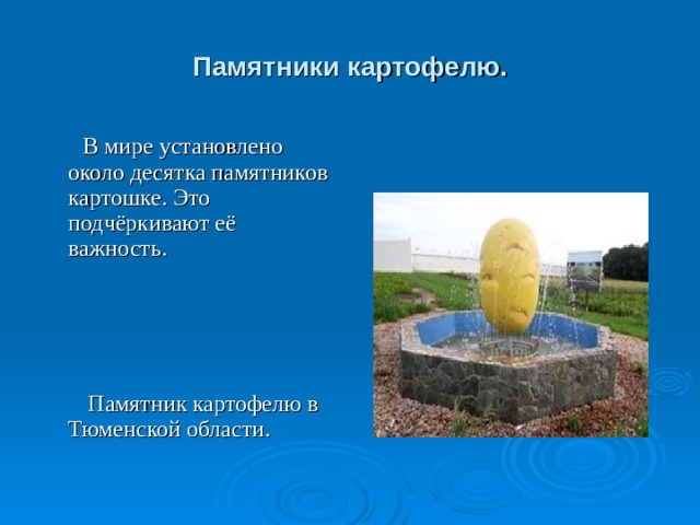 Памятники картофелю.  В мире установлено около десятка памятников картошке. Это подчёркивают её важность.  Памятник картофелю в Тюменской области.  