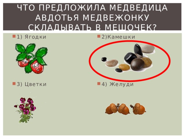Что предложила медведица авдотья медвежонку складывать в мешочек? 1) Ягодки 2)Камешки 3) Цветки 4) Желуди 