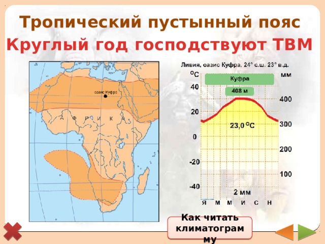 Тропический пустынный пояс Круглый год господствуют ТВМ Как читать климатограмму 