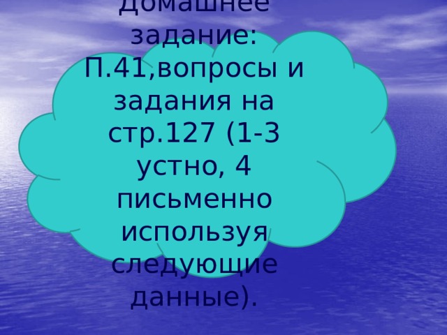 Домашнее задание: П.41,вопросы и задания на стр.127 (1-3 устно, 4 письменно используя следующие данные). 