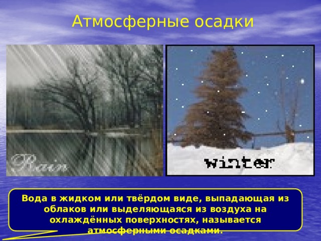 Атмосферные осадки Вода в жидком или твёрдом виде, выпадающая из облаков или выделяющаяся из воздуха на охлаждённых поверхностях, называется атмосферными осадками.  