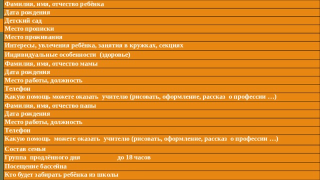 Фамилия, имя, отчество ребёнка Дата рождения Детский сад Место прописки Место проживания Интересы, увлечения ребёнка, занятия в кружках, секциях Индивидуальные особенности (здоровье) Фамилия, имя, отчество мамы Дата рождения Место работы, должность Телефон Какую помощь можете оказать учителю (рисовать, оформление, рассказ о профессии …) Фамилия, имя, отчество папы Дата рождения Место работы, должность Телефон Какую помощь можете оказать учителю (рисовать, оформление, рассказ о профессии …) Состав семьи Группа продлённого дня до 18 часов Посещение бассейна Кто будет забирать ребёнка из школы  