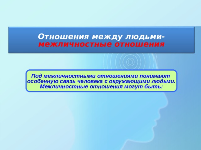Отношения между людьми- межличностные отношения Под межличностными отношениями понимают особенную связь человека с окружающими людьми. Межличностные отношения могут быть: 