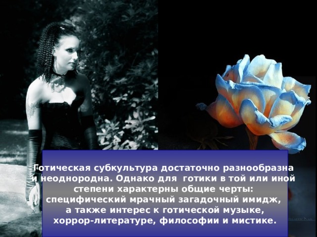 Готическая субкультура достаточно разнообразна и неоднородна. Однако для готики в той или иной степени характерны общие черты: специфический мрачный загадочный имидж, а также интерес к готической музыке,  хоррор-литературе, философии и мистике.  