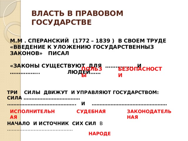 ВЛАСТЬ В ПРАВОВОМ ГОСУДАРСТВЕ М.М . СПЕРАНСКИЙ (1772 – 1839 ) В СВОЕМ ТРУДЕ «ВВЕДЕНИЕ К УЛОЖЕНИЮ ГОСУДАРСТВЕННЫЗ ЗАКОНОВ» ПИСАЛ  «ЗАКОНЫ СУЩЕСТВУЮТ ДЛЯ ……………. И …………….. ЛЮДЕЙ…… ПОЛЬЗЫ БЕЗОПАСНОСТИ ТРИ СИЛЫ ДВИЖУТ И УПРАВЛЯЮТ ГОСУДАРСТВОМ: СИЛА ……………………………… …………………………………… .. И ………………………………………… ЗАКОНОДАТЕЛЬНАЯ ИСПОЛНИТЕЛЬНАЯ СУДЕБНАЯ НАЧАЛО И ИСТОЧНИК СИХ СИЛ В …………………………………… НАРОДЕ  