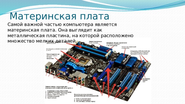 Материнская плата Самой важной частью компьютера является материнская плата. Она выглядит как металлическая пластина, на которой расположено множество мелких деталей. 