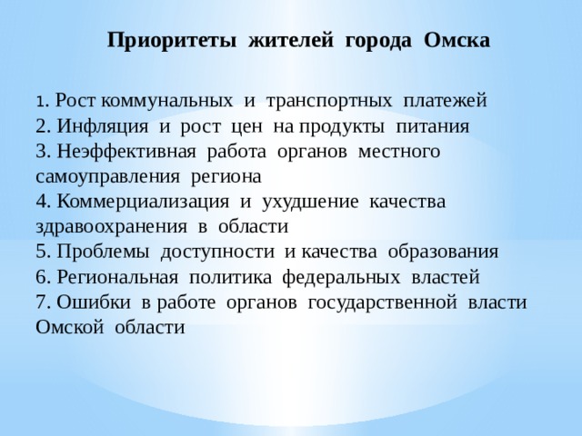  Приоритеты жителей города Омска 1 . Рост коммунальных и транспортных платежей 2. Инфляция и рост цен на продукты питания 3. Неэффективная работа органов местного самоуправления региона 4. Коммерциализация и ухудшение качества здравоохранения в области 5. Проблемы доступности и качества образования 6. Региональная политика федеральных властей 7. Ошибки в работе органов государственной власти Омской области 