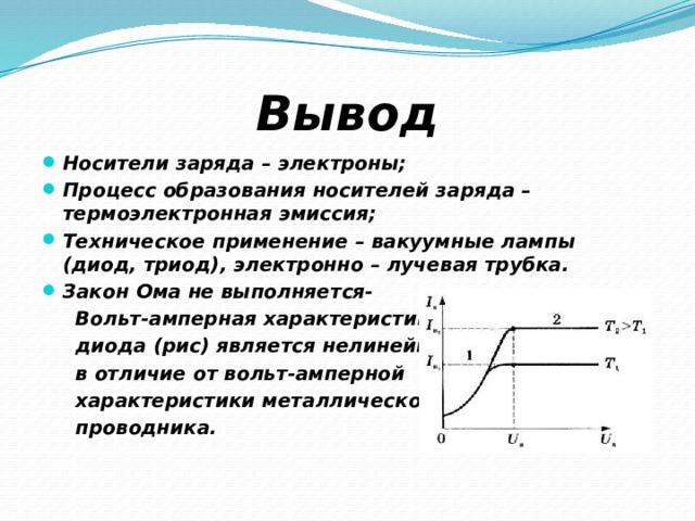 Вывод Носители заряда – электроны; Процесс образования носителей заряда – термоэлектронная эмиссия; Техническое применение – вакуумные лампы (диод, триод), электронно – лучевая трубка. Закон Ома не выполняется-  Вольт-амперная характеристика  диода (рис) является нелинейной  в отличие от вольт-амперной  характеристики металлического  проводника.  