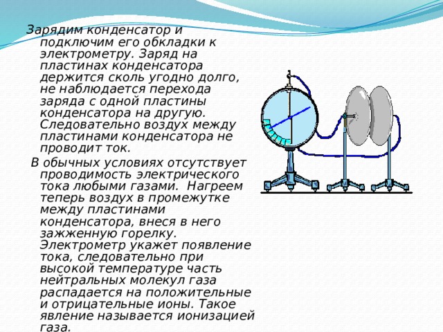 Зарядим конденсатор и подключим его обкладки к электрометру. Заряд на пластинах конденсатора держится сколь угодно долго, не наблюдается перехода заряда с одной пластины конденсатора на другую. Следовательно воздух между пластинами конденсатора не проводит ток.  В обычных условиях отсутствует проводимость электрического тока любыми газами. Нагреем теперь воздух в промежутке между пластинами конденсатора, внеся в него зажженную горелку. Электрометр укажет появление тока, следовательно при высокой температуре часть нейтральных молекул газа распадается на положительные и отрицательные ионы. Такое явление называется ионизацией газа. 