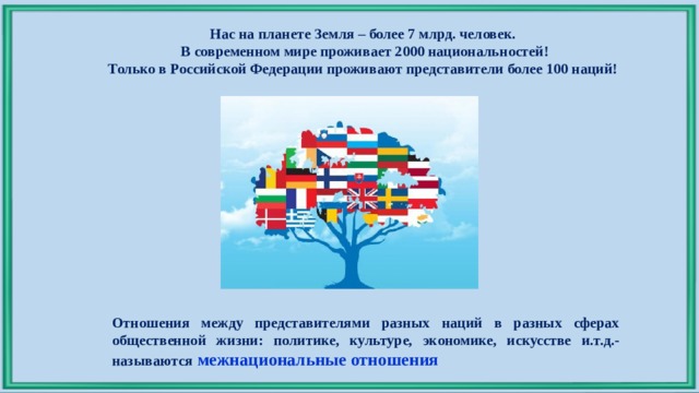 Нас на планете Земля – более 7 млрд. человек.   В современном мире проживает 2000 национальностей!   Только в Российской Федерации проживают представители более 100 наций!   Отношения между представителями разных наций в разных сферах общественной жизни: политике, культуре, экономике, искусстве и.т.д.-  называются  межнациональные отношения 
