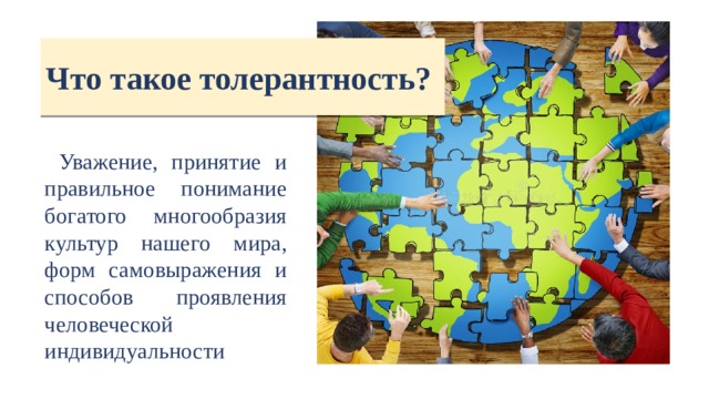 Что такое толерантность?  Уважение, принятие и правильное понимание богатого многообразия культур нашего мира, форм самовыражения и способов проявления человеческой индивидуальности 