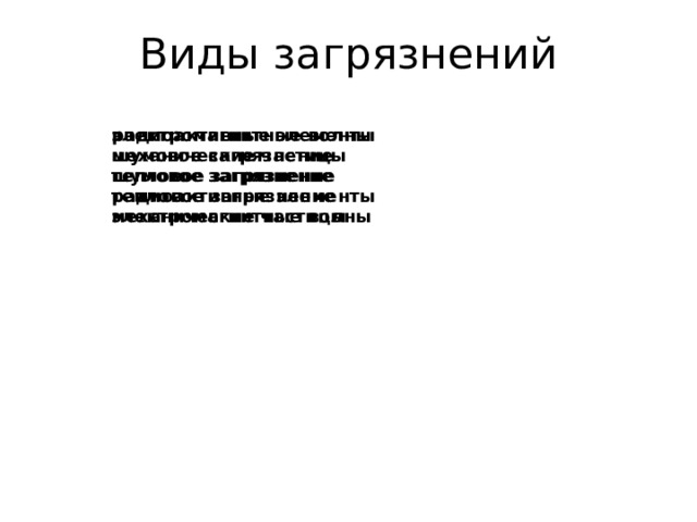 Виды загрязнений Выбросы фреона и газа от аэрозольных баллончиков, кондиционеров и холодильных установок, выхлопные газы. Выбросы фреона и газа от аэрозольных баллончиков, кондиционеров и холодильных установок, выхлопные газы. радиоактивные элементы электромагнитные волны механические частицы шумовое загрязнение тепловое загрязнение шумовое загрязнение тепловое загрязнение радиоактивные элементы механические частицы электромагнитные волны Химическое загрязнение Физическое загрязнение 