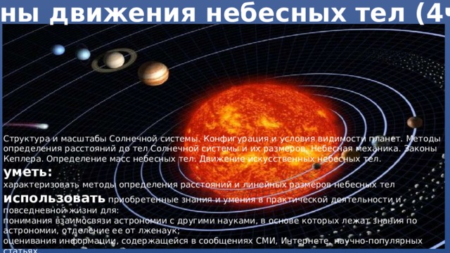 Законы движения небесных тел (4часа) Структура и масштабы Солнечной системы. Конфигурация и условия видимости планет. Методы определения расстояний до тел Солнечной системы и их размеров. Небесная механика. Законы Кеплера. Определение масс небесных тел. Движение искусственных небесных тел. уметь: характеризовать методы определения расстояний и линейных размеров небесных тел использовать приобретенные знания и умения в практической деятельности и повседневной жизни для: понимания взаимосвязи астрономии с другими науками, в основе которых лежат знания по астрономии, отделение ее от лженаук; оценивания информации, содержащейся в сообщениях СМИ, Интернете, научно-популярных статьях. 