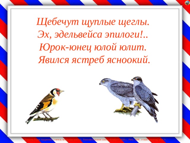 Щебечут щуплые щеглы.  Эх, эдельвейса эпилоги!..  Юрок-юнец юлой юлит.  Явился ястреб ясноокий.   
