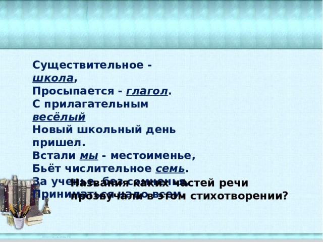  Существительное - школа ,  Просыпается - глагол .  С прилагательным весёлый  Новый школьный день пришел.  Встали мы - местоименье,  Бьёт числительное семь .  За ученье, без сомненья,  Приниматься надо всем.   Названия каких частей речи прозвучали в этом стихотворении? 
