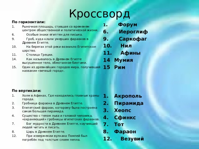 Кроссворд По горизонтали: Рыночная площадь, ставшая со временем центром общественной и политической жизни. 6. Особые знаки египтян для письма. 9. Гроб, куда клали умерших фараонов в Древнем Египте. 10. На берегах этой реки возникло Египетское царство. 11. Столица Греции. 14. Как называлось в Древнем Египте высушенное тело, обмотанное бинтами. Один из древнейших городов мира, получивший название «вечный город».    По вертикали: Холм в Афинах, Где находились главные храмы города. Гробница фараона в Древнем Египте. Египетский фараон, которому была построена самая большая пирамида. Существо с телом льва и головой человека, «охраняющий» гробницы египетских фараонов. 7. Бог мудрости в Древнем Египте, научивший людей читать и писать. 8. Царь в Древнем Египте. 12. При извержении вулкана Помпей был погребён под толстым слоем пепла. 1 . Форум 6. Иероглиф 9. Саркофаг 10. Нил 11. Афины Мумия Рим    Акрополь Пирамида Хеопс Сфинкс Тот Фараон 12. Везувий 