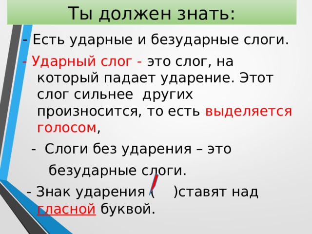 Ты должен знать:  - Есть ударные и безударные слоги.  - Ударный слог -  это слог, на который падает ударение. Этот слог сильнее других произносится, то есть  выделяется голосом ,   - Слоги без ударения – это  безударные слоги.  - Знак ударения ( )ставят над гласной  буквой . 