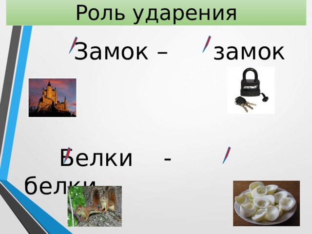 Роль ударения  Замок – замок  Белки - белки 