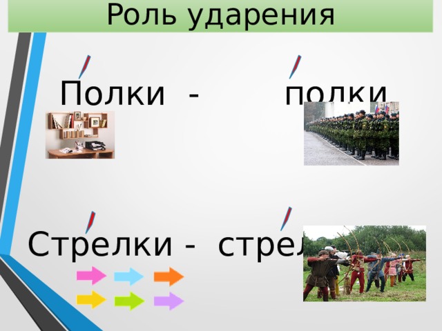 Роль ударения  Полки - полки Стрелки - стрелки 