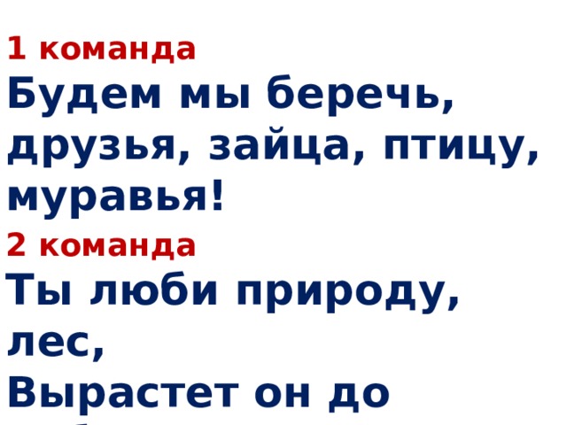 1 команда Будем мы беречь, друзья, зайца, птицу, муравья! 2 команда Ты люби природу, лес,  Вырастет он до небес! 