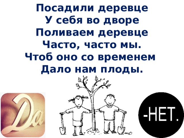 Посадили деревце У себя во дворе Поливаем деревце Часто, часто мы. Чтоб оно со временем Дало нам плоды.  