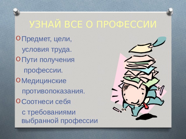 УЗНАЙ ВСЕ О ПРОФЕССИИ Предмет, цели,  условия труда. Пути получения  профессии. Медицинские  противопоказания. Соотнеси себя  с требованиями выбранной профессии 