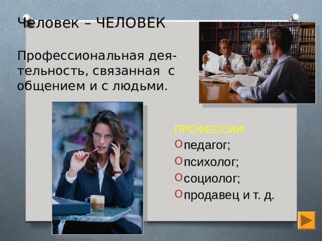 Человек – ЧЕЛОВЕК   Профессиональная дея-тельность, связанная с общением и с людьми.   ПРОФЕССИИ: педагог; психолог; социолог; продавец и т. д. 
