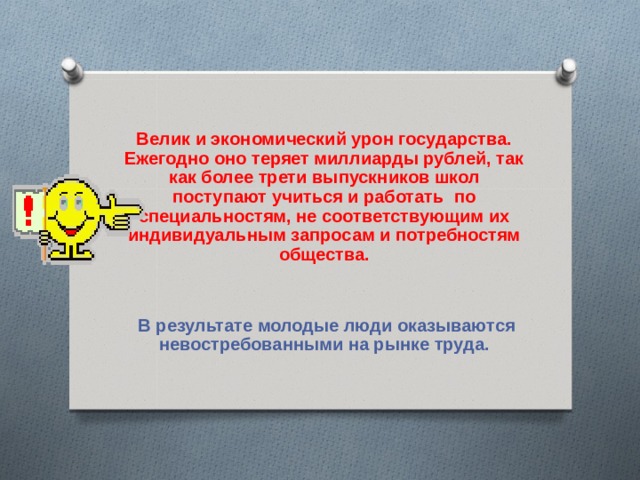 Велик и экономический урон государства. Ежегодно оно теряет миллиарды рублей, так как более трети выпускников школ поступают учиться и работать по специальностям, не соответствующим их индивидуальным запросам и потребностям общества.    В результате молодые люди оказываются невостребованными на рынке труда. 