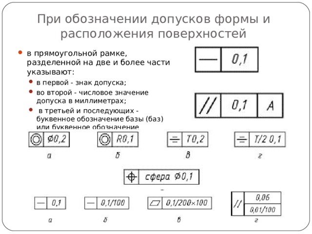При обозначении допусков формы и расположения поверхностей в прямоугольной рамке, разделенной на две и более части указывают: в первой - знак допуска; во второй - числовое значение допуска в миллиметрах;  в третьей и последующих - буквенное обозначение базы (баз) или буквенное обозначение поверхности, с которой связан допуск расположения .     в первой - знак допуска; во второй - числовое значение допуска в миллиметрах;  в третьей и последующих - буквенное обозначение базы (баз) или буквенное обозначение поверхности, с которой связан допуск расположения .     
