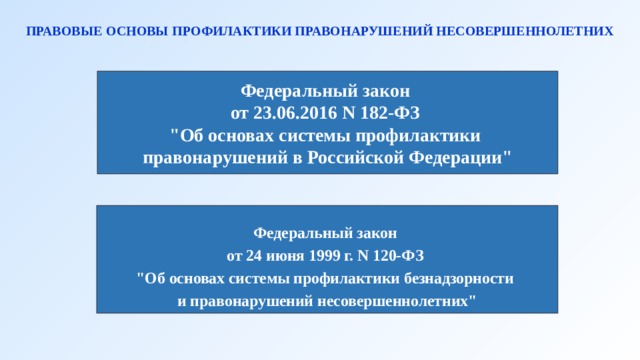 ПРАВОВЫЕ ОСНОВЫ ПРОФИЛАКТИКИ ПРАВОНАРУШЕНИЙ НЕСОВЕРШЕННОЛЕТНИХ  Федеральный закон  от 23.06.2016 N 182-ФЗ  