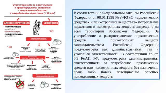В соответствии с Федеральным законом Российской Федерации от 08.01.1998 № 3-ФЗ «О наркотических средствах и психотропных веществах» потребление наркотиков и психотропных веществ запрещено на всей территории Российской Федерации. За употребление и распространение наркотических средств и психотропных веществ законодательством Российской Федерации предусмотрена как административная, так и уголовная ответственность. В соответствии со ст. 6.9 КоАП РФ, предусмотрена административная ответственность за потребление наркотических средств или психотропных веществ без назначения врача либо новых потенциально опасных психоактивных веществ. 