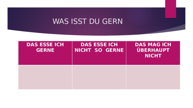 WAS ISST DU GERN DAS ESSE ICH GERNE DAS ESSE ICH NICHT SO GERNE DAS MAG ICH ÜBERHAUPT NICHT 