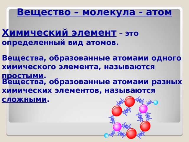 Вещество – молекула - атом Химический элемент – это определенный вид атомов. Вещества, образованные атомами одного химического элемента, называются простыми . Вещества, образованные атомами разных химических элементов, называются сложными . 