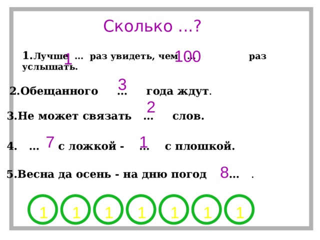 Сколько ...? 100 1. Лучше … раз увидеть, чем … раз услышать.  1 3 2.Обещанного … года ждут . 2 3.Не может связать … слов.  1 7 4. … с ложкой - … с плошкой.  8 5.Весна да осень - на дню погод … . 1 1 1 1 1 1 1 