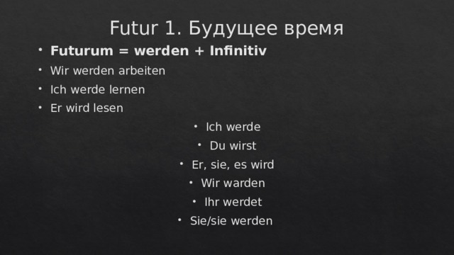 Futur 1. Будущее время Futurum = werden + Infinitiv Wir werden arbeiten Ich werde lernen Er wird lesen Ich werde Du wirst Er, sie, es wird Wir warden Ihr werdet Sie/sie werden 
