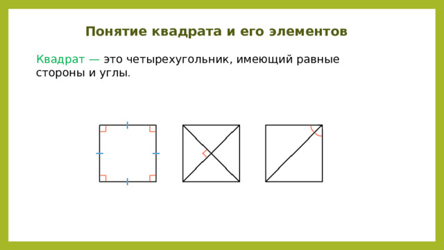 Понятие квадрата и его элементов Квадрат — это четырехугольник, имеющий равные стороны и углы . 