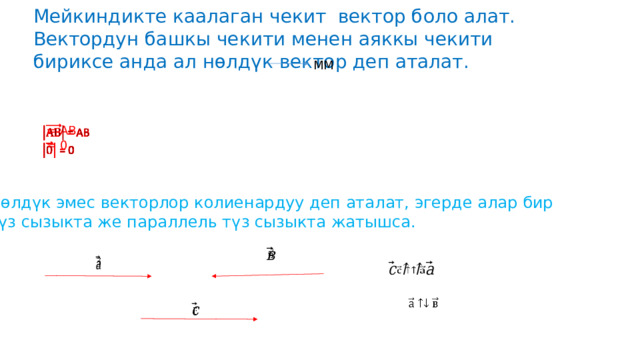 Мейкиндикте каалаган чекит вектор боло алат. Вектордун башкы чекити менен аяккы чекити бириксе анда ал нөлдүк вектор деп аталат. ММ  = АВ    = 0 Нөлдүк эмес векторлор колиенардуу деп аталат, эгерде алар бир түз сызыкта же параллель түз сызыкта жатышса.           