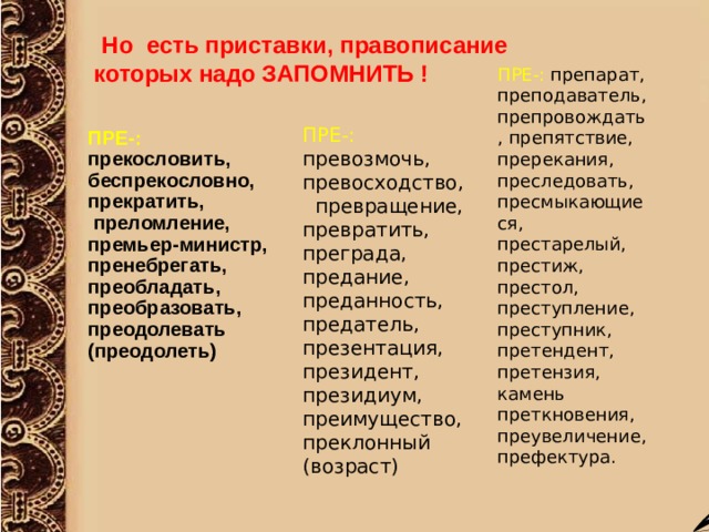  Но есть приставки, правописание  которых надо ЗАПОМНИТЬ ! ПРЕ-: препарат, преподаватель, препровождать, препятствие, пререкания, преследовать, пресмыкающиеся, престарелый, престиж, престол, преступление, преступник, претендент, претензия, камень преткновения, преувеличение, префектура.  ПРЕ-: превозмочь, превосходство, превращение, превратить, преграда, предание, преданность, предатель, презентация, президент, президиум, преимущество, преклонный (возраст) ПРЕ-:   прекословить, беспрекословно,  прекратить,   преломление, премьер-министр, пренебрегать, преобладать, преобразовать, преодолевать (преодолеть) 