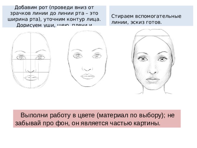 Добавим рот (проведи вниз от зрачков линии до линии рта – это ширина рта), уточним контур лица. Дорисуем уши, шею, плечи и прическу. Стираем вспомогательные линии, эскиз готов.  Выполни работу в цвете (материал по выбору); не забывай про фон, он является частью картины. 