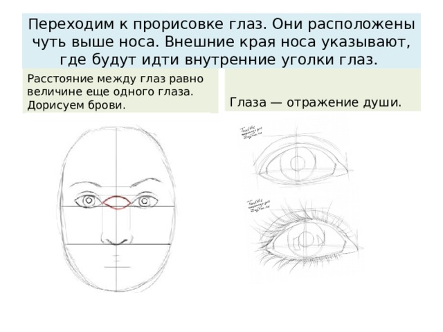 Переходим к прорисовке глаз. Они расположены чуть выше носа. Внешние края носа указывают, где будут идти внутренние уголки глаз.  Расстояние между глаз равно величине еще одного глаза. Дорисуем брови. Глаза — отражение души. 